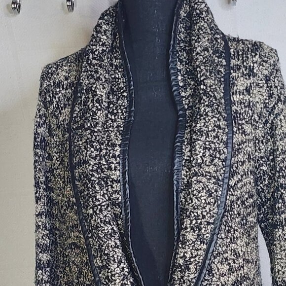 Sioni Black and Gray Boucle Trimmed in Faux Leather Chunky Sweater Cardigan Sz L - Picture 2 of 16